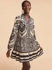 Travachic 女士休闲短款植物印花V领长袖单排扣迷你连衣裙 - 卡其色 - 查看 5