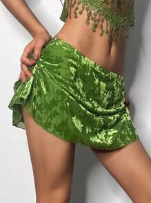 EgrlEra Women's Flocked Mesh Floral Pattern Mini Skirt - Green - View 4