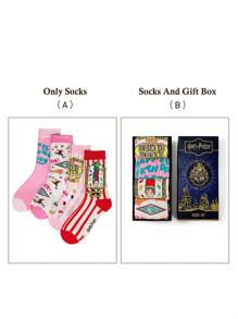 HARRY POTTER X SHEIN 4 Pairs Soft & Breathable Moisture-Wicking Casual Women Crew Socks With Fashionable And Cute Pink Crew Socks Reinforced Toe & Heel For Durability Unisex For Men & Women All Season All-Match,Christmas