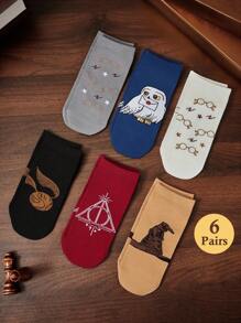HARRY POTTER X SHEIN 6 đôi tất cổ ngắn mềm mại, thoáng khí, thấm mồ hôi dành cho nam thường ngày & Hedwig & Golden Snitch, tất ngắn nhiều màu sắc thời trang và dễ thương, mũi và gót được gia cố để tăng độ bền, phù hợp cho cả nam và nữ, Summer All-Match - Nhiều màu - Xem 2