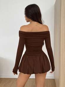 SHEIN EZwear 女士咖啡棕色单肩长袖荷叶边下摆迷你连衣裙 - 咖啡棕 - 查看 2