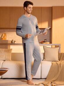 SHEIN Provexi Men Striped Print PJ Set / Pajama Set, Fall Winter Clothes - Light Grey - View 4