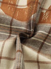 Playful Pals 1 件年轻男孩复古格纹长袖有领衬衫，数码印花休闲宽松纽扣夹克，百搭牛仔裤或休闲裤，秋季新品 - 卡其色 - 查看 5