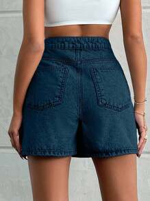 EURMUSE 100%Cotton LIGHT WASH BUTTONS DETAIL SHORT SKIRT - Teal Blue - View 2