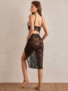 Charlaine Floral Lace Scallop Trim Lingerie Set - Black - View 3