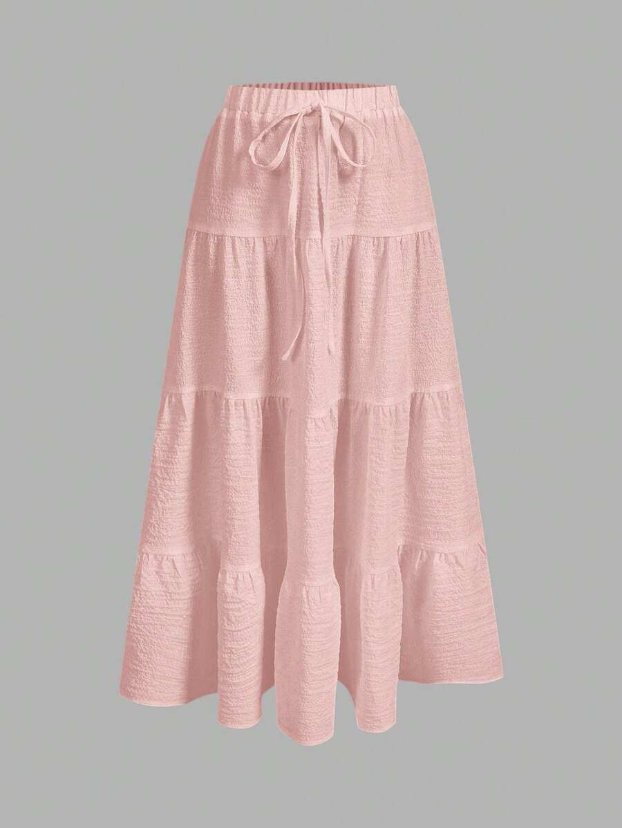 SHEIN EZwear 粉色女士休闲度假多层蛋糕裙，适合夏季 - 粉色 - 查看 1