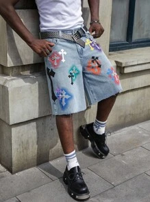 Street Life Men's Cross Print Rhinestone Embellished Denim Shorts - Blue - View 7