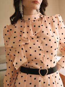 Anewsta Vestido largo de manga larga con cuello de tortuga de línea A y cintura ceñida, vestido de organza maxi para mujer con lunares elegante