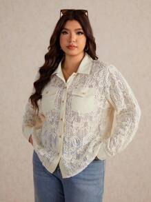 Elaquor Camisa de moda de manga larga con bolsillo, cierre de un pecho y estampado floral jacquard para mujer de talla grande - Albaricoque - Ver 5