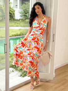 Ria Solene Women's Floral Print Ruffle Halter Neck Vacation Midi Dress Summer Dress - Multicolor - View 6