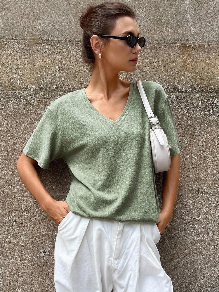 Women's V-Neck Plain Casual City Short Sleeve T-Shirt, Summer,Teacher