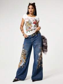 ROMWE Grunge Punk Y2K 复古性感虎纹藤蔓仿纹身印花高领紧身女式 T 恤