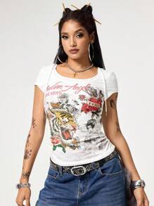 ROMWE Grunge Punk Y2K 复古性感虎纹藤蔓仿纹身印花高领紧身女式 T 恤