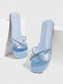 CUCCOO SZL 女士蓝色缎面交叉银色水钻方头舒适平底凉鞋 - 藍色 - 查看 6