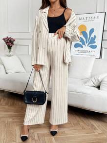 SHEIN Bộ 2 món gồm áo khoác dài tay cổ ve áo kẻ sọc và quần dài, thích hợp mặc thường ngày cho bà bầu. - Màu Khaki - Xem 5