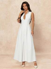 SHEIN PETITE 超宽腿拉链前无袖连体裤 - 杏色 - 查看 1