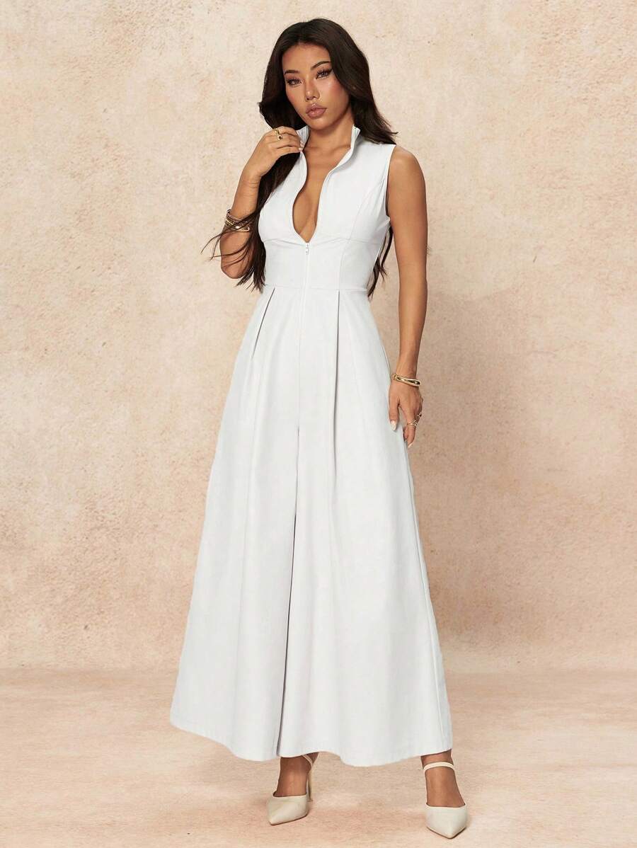 SHEIN PETITE 超宽腿拉链前无袖连体裤 - 杏色 - 查看 1