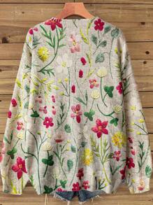 SHEIN Clasi 大码女式3D立体花朵图案前系带蝴蝶结长袖宽松针织开衫，秋冬款 - 杏色 - 查看 3