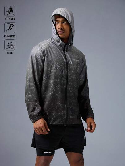 Manfinity Sport Polished 男式字母印花长袖前拉链连帽运动夹克透气超轻轻盈全拉链简约设计修身适合户外健身上衣运动夹克