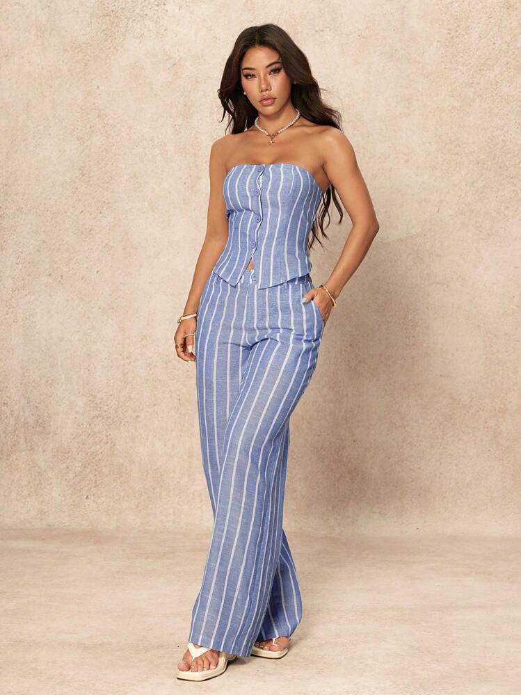 SHEIN PETITE Conjunto Casual Feminino de 2 Peças com Regata Listrada de Abotoamento Único e Calça Pantalona, Conjuntos de Loungewear para Uso Diário - Azul bebê - Visão 3