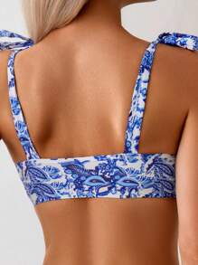 Sunnyshic Ladies 2pcs Random Printed V-Neck Thick Strap Bowknot Crop Top & Triangle Bottom Bikini Set Set - Blue and White - View 5