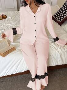 SHEIN Bộ đồ ngủ hai mảnh tay loe màu hồng bằng polyester mềm mại, cổ ve áo thời trang, áo ren tương phản và quần dài, trang phục thu đông, ấm áp và thanh lịch - Hồng - Xem 3