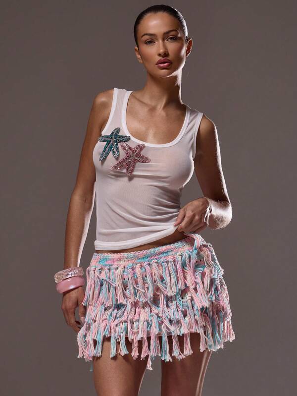MUSERA Tank Top Shell Starfish Sequin Details Festival Holiday Summer Vacation Cute Elegant Ibiza