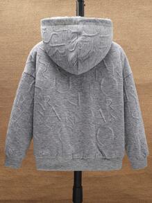 SHEIN Tween Boy 灰色连帽夹克，纹理面料，字母印花，装饰口袋，落肩设计，柔软面料，百搭，休闲，百搭，舒适 - 灰色 - 查看 2