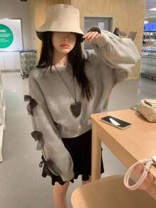 DAZY بلوزة كاجوال فضفاضة بياقة مستديرة وأكمام طويلة منسدلة مع زخرفة فيونكة، مناسبة للخريف والشتاء