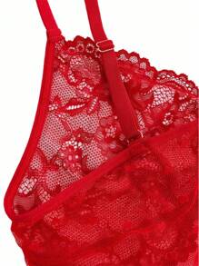 SHEIN Women's Lace Patchwork Sheer Sexy Nightgown - Red - View 3