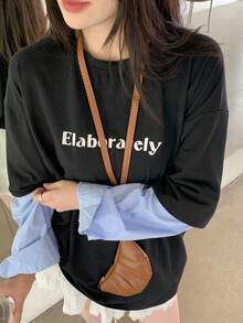 DAZY 女式字母印花仿二合一格子袖口宽松休闲 T 恤秋季上衣长袖上衣 - 黑色 - 查看 4