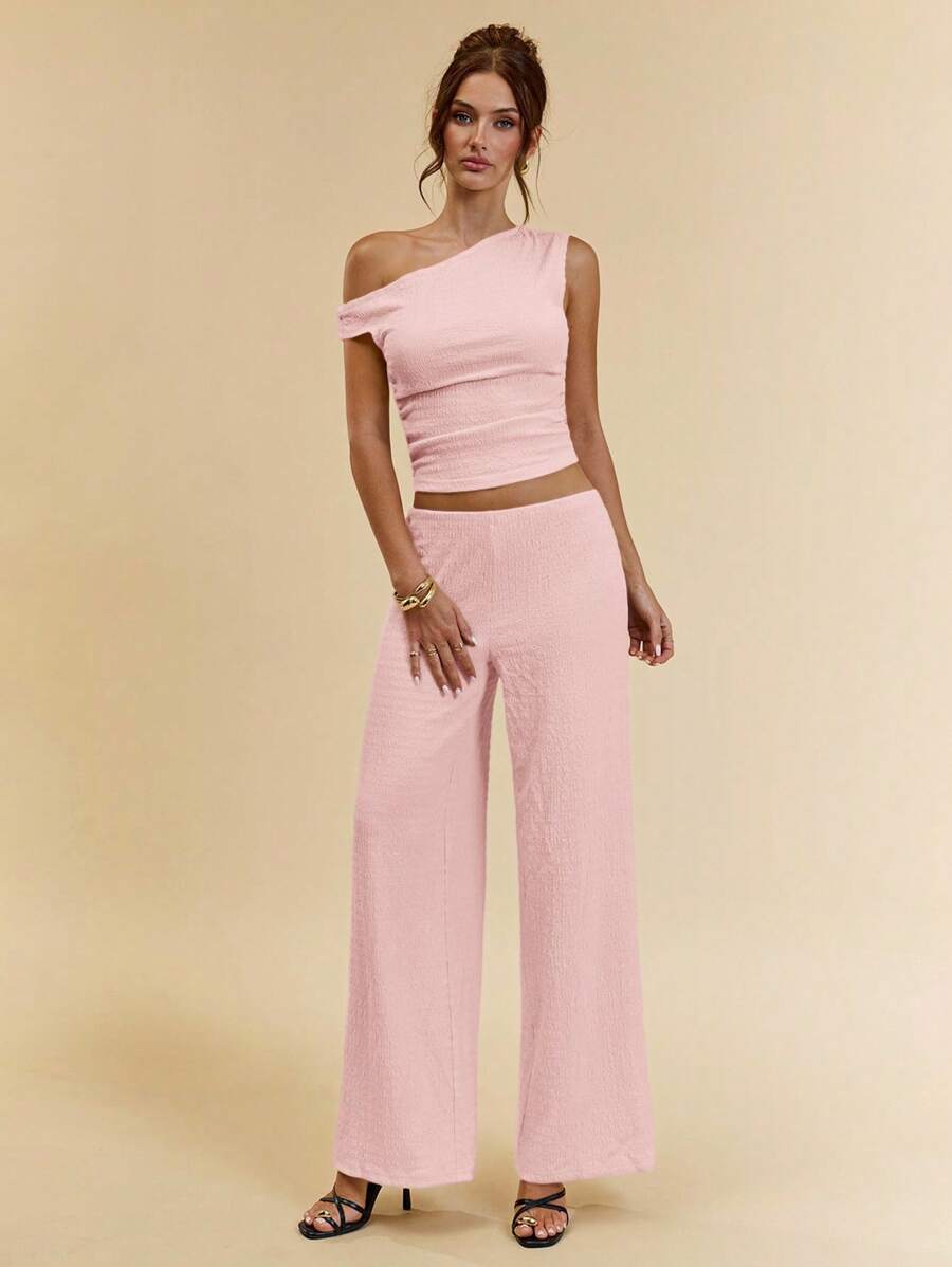 SHEIN BAE 2 chiếc áo len dệt kim bất đối xứng màu cà phê mùa hè cho nữ và quần ống rộng túi dệt kim thoải mái, phù hợp cho các buổi đi chơi thời trang, kỳ nghỉ ở bãi biển, kỳ nghỉ ở Ý, đi chơi, trang phục du ngoạn, trang phục ăn trưa, trang phục Ibiza, bộ mùa hè - Màu Hồng  San hô - Xem 1