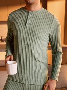 Manfinity Underwear&Sleepwear Basics 男士纯色罗纹针织上衣和裤子睡衣套装，秋冬服装，舒适保暖