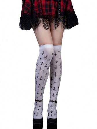 Grunge Punk Punk Style Cross Random Print Knee High Socks, Y2K Personalized Casual Street Over-The-Knee Socks Suitable For Party, Gathering, Social Events