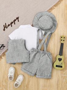 Souflis Souflis 4 件套男婴服装 - 短袖衬衫配领结和格子吊带短裤，优雅复古绅士风格，适合特殊场合