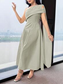 Modelyn 女士纯色仿珍珠装饰单肩荷叶边中长连衣裙，优雅 - 綠色 - 查看 5