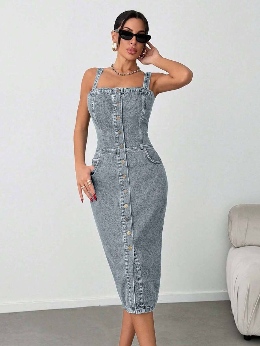 EURMUSE Slant Pocket Button Front Overall Denim Midi Dress - Blue - View 1