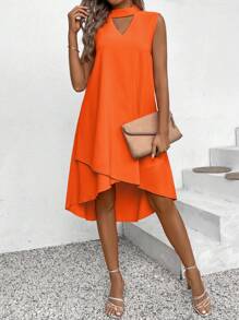 Calvaya Women's Solid Color Sleeveless Dress With Keyhole Neckline - Orange - View 3