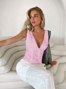 Roylia V-Neck Sleeveless Hollow Out Embroidered Casual Vest - Pink - View 4
