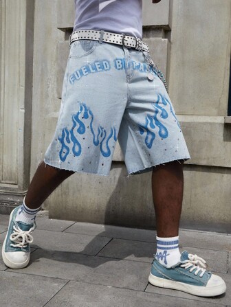Street Life Shorts vaqueros para hombre con diseño de llamas y adornos de rhinestone