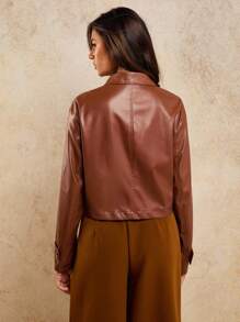 COSMINA Áo khoác da PU cổ bẻ cài nút phía trước giản dị cổ điển cho nữ - Màu Khaki - Xem 2