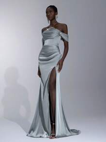 Elitara 优雅灰蓝色缎面露肩露背连衣裙，带有奢华水钻装饰，高腰高开衩，适合约会、度假、生日派对、婚礼、舞会、毕业典礼 - 灰藍色 - 查看 8