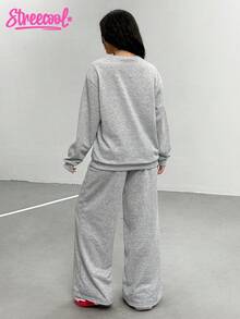 1 件宽松少女字母印花长袖运动衫和运动裤休闲套装，美式风格 - 灰色 - 查看 2