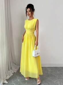 Rafferiza Damen Rundhalsausschnitt Kreuz Taille Plissee Taille Cut Out Chiffon Langes Kleid