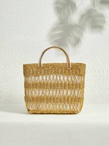 SHECARRY 时尚简约假日编织大容量女士手提包 - 金色 - 查看 4