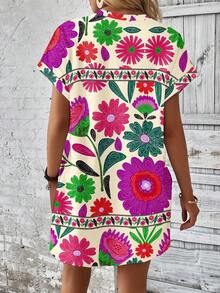 Selamara Women's Floral Print Round Neck Casual Summer Holiday Short Sleeve Dress - Multicolor - View 2
