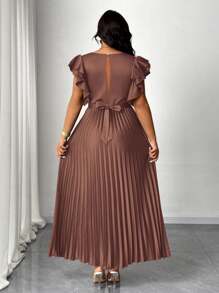 Maweii Plus Size Women Solid Color V-Neck Ruffle Sleeve Pleated Hem Elegant Dress - Brown - View 2