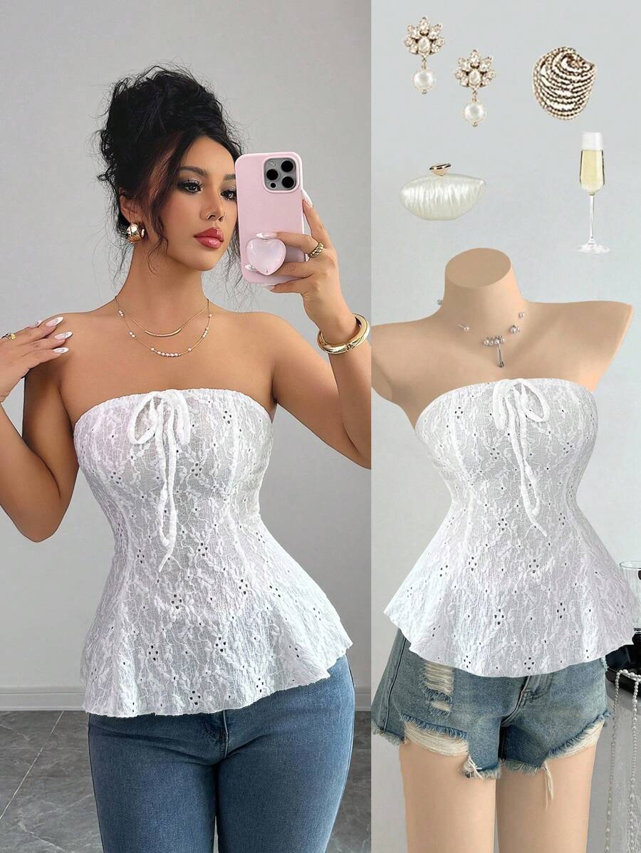 Elenzga 全新甜辣风格白色法式蝴蝶结吊带上衣，弹力提花面料，修身短款吊带背心 - 白色 - 查看 1