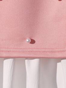 Conjunto de vestido de manga abullonada y chaleco de perla sólido con bolsa a juego para niña preadolescente - Rosa - Ver 8