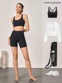 GLOWMODE 6 英寸 FeatherFit™ Flex 骑行短裤，带侧袋，低冲击瑜伽日常 - 黑色 - 查看 6